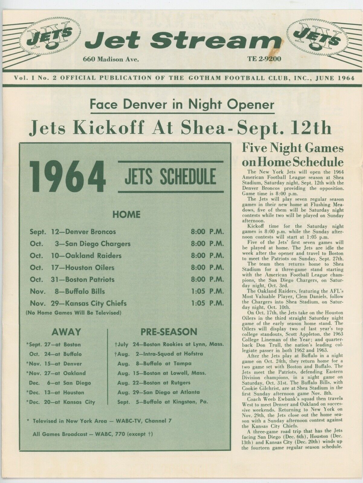 1964 New York Jets "Jet Stream" 4 page Newsletter and Schedule • Gotham FB Club