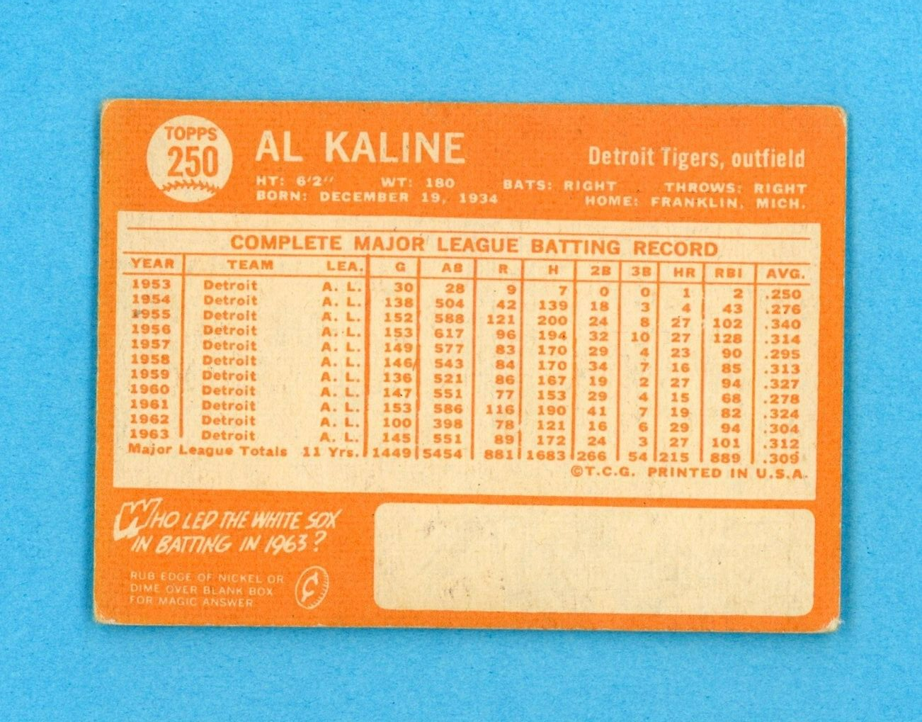 1964 Topps #250 Al Kaline Detroit Tigers Baseball Card VG