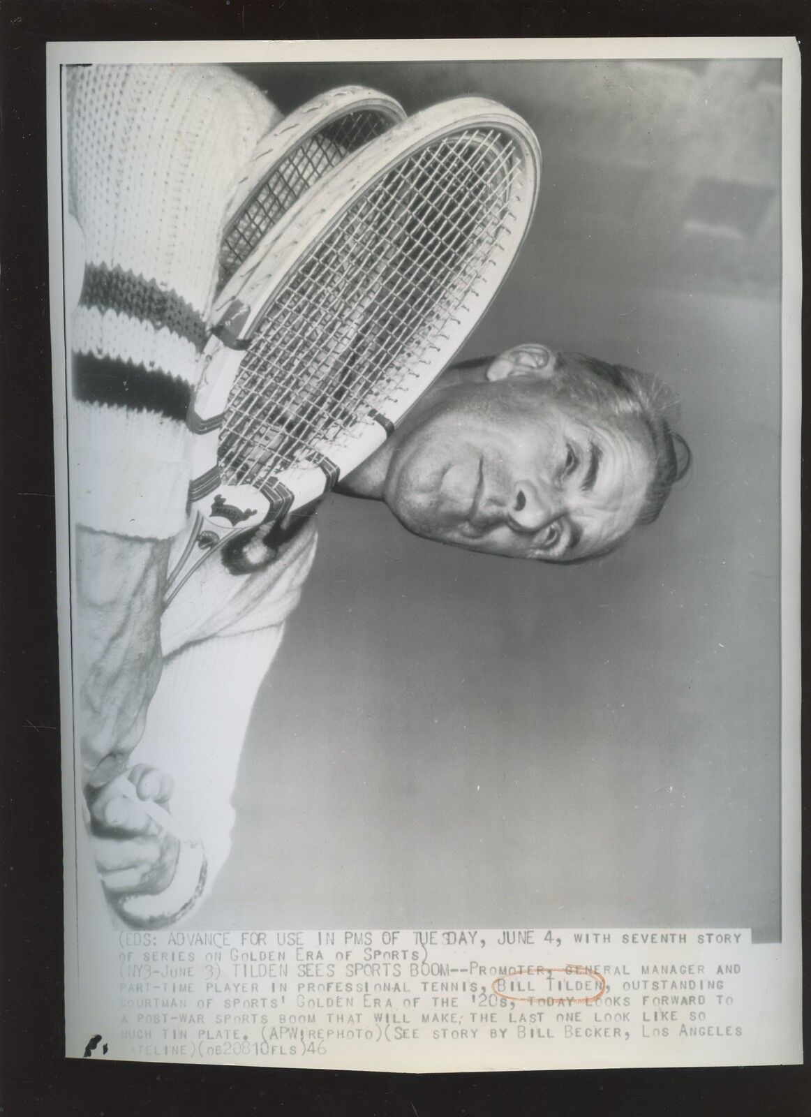 Original June 4 1946 Bill Tilden Tennis Legend Predicts Sports Boom Wire Photo