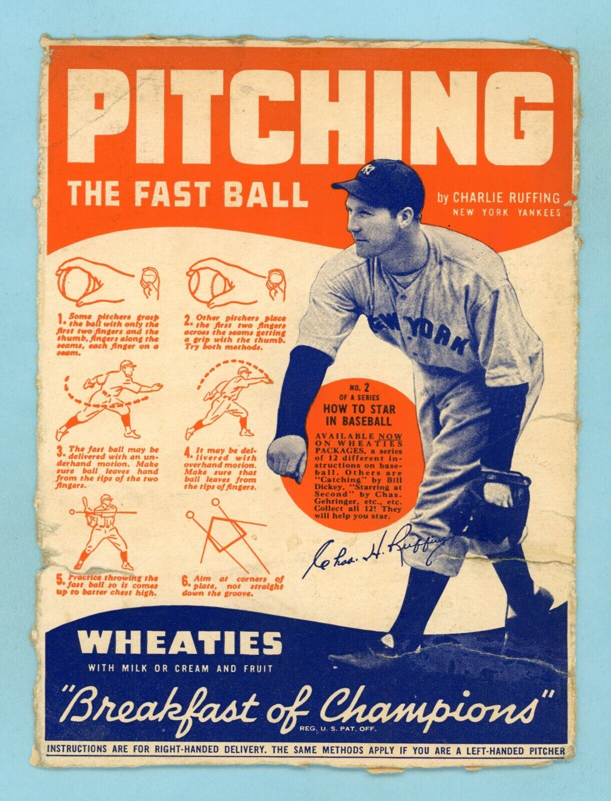 1937 Wheaties Series 6 #2 Red Ruffing New York Yankees Baseball Card Low Grade