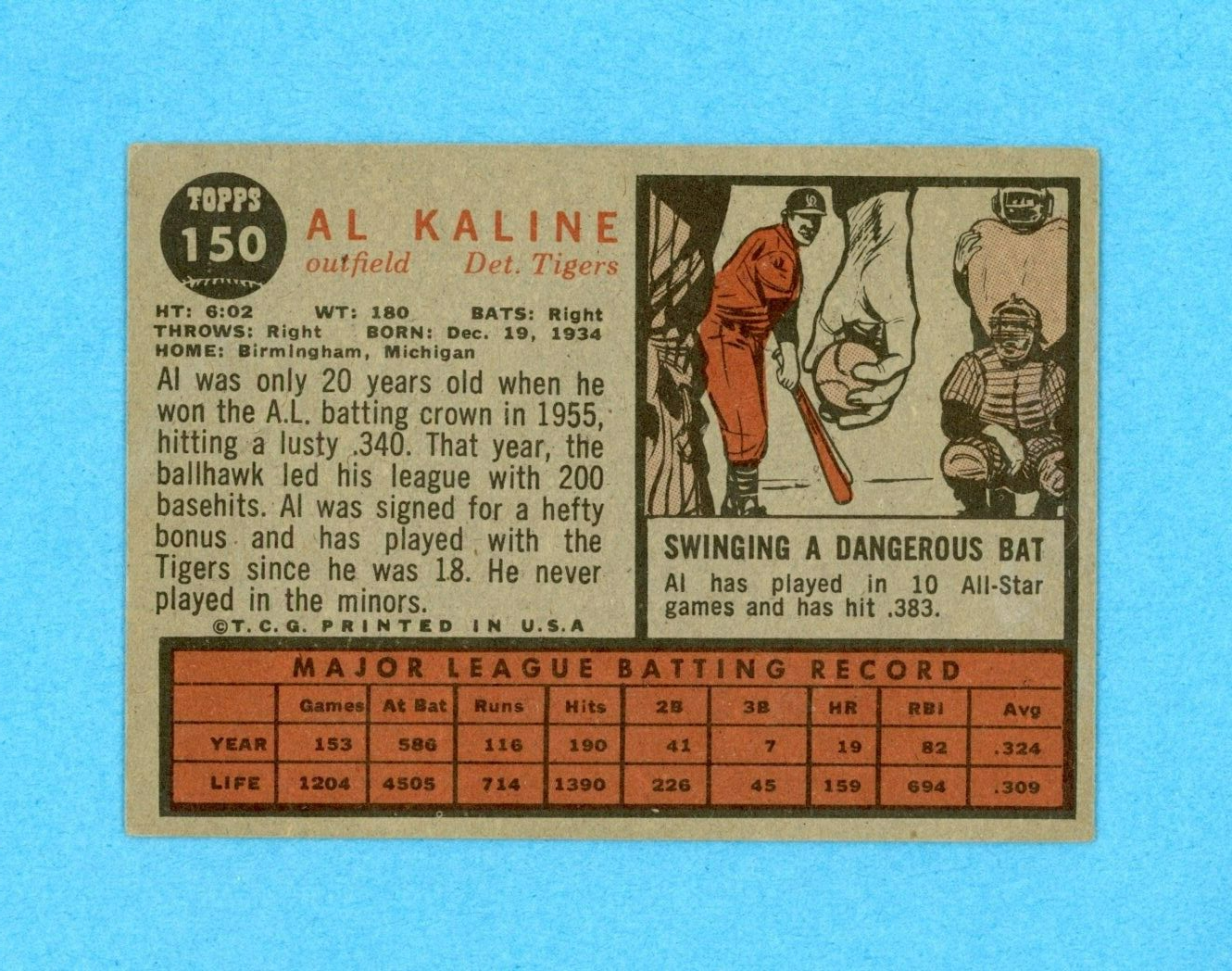 1962 Topps #150 Al Kaline Detroit Tigers Baseball Card Vg/Ex