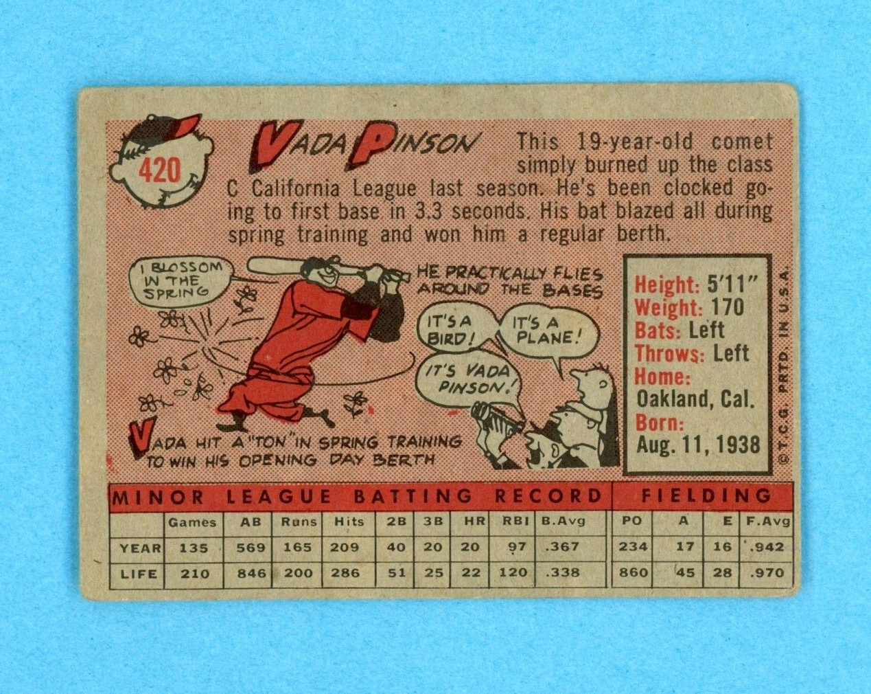 1958 Topps #420 Vada Pinson Cincinnati Redlegs Rookie Baseball Card Low Grade