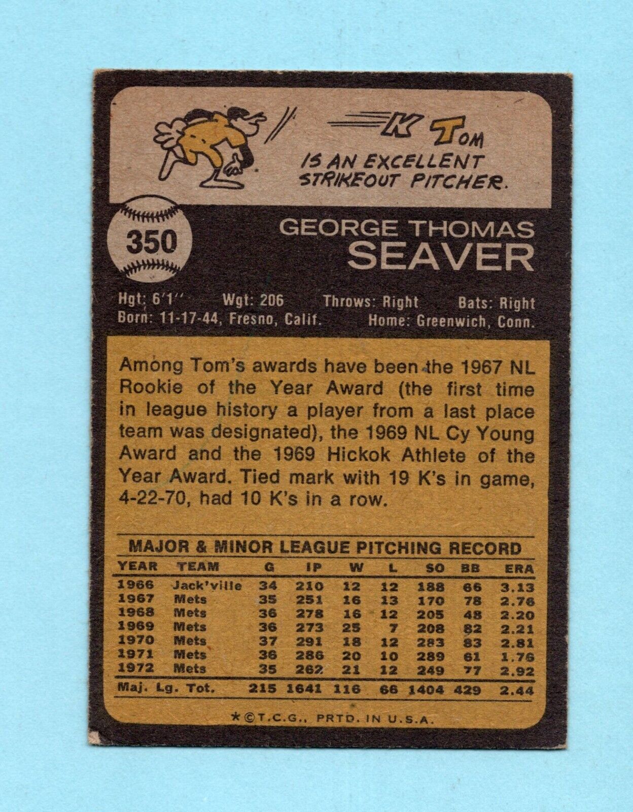 1973 Topps #350 Tom Seaver New York Mets Baseball Card Vg/Ex