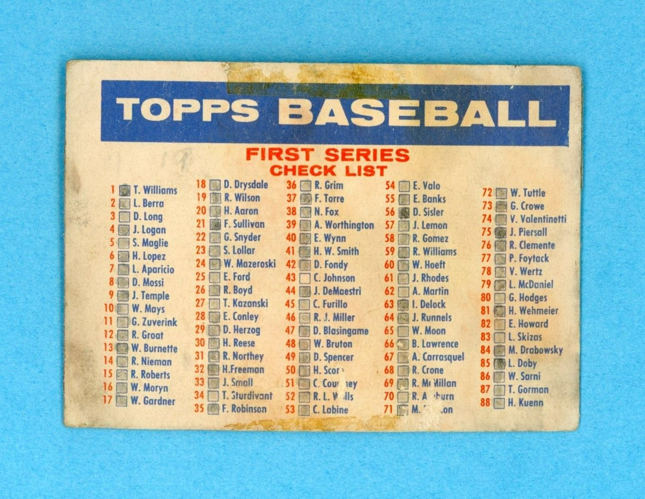 1957 Topps Check List 1/2 Series Big Blony Variation Baseball Card Low Grade