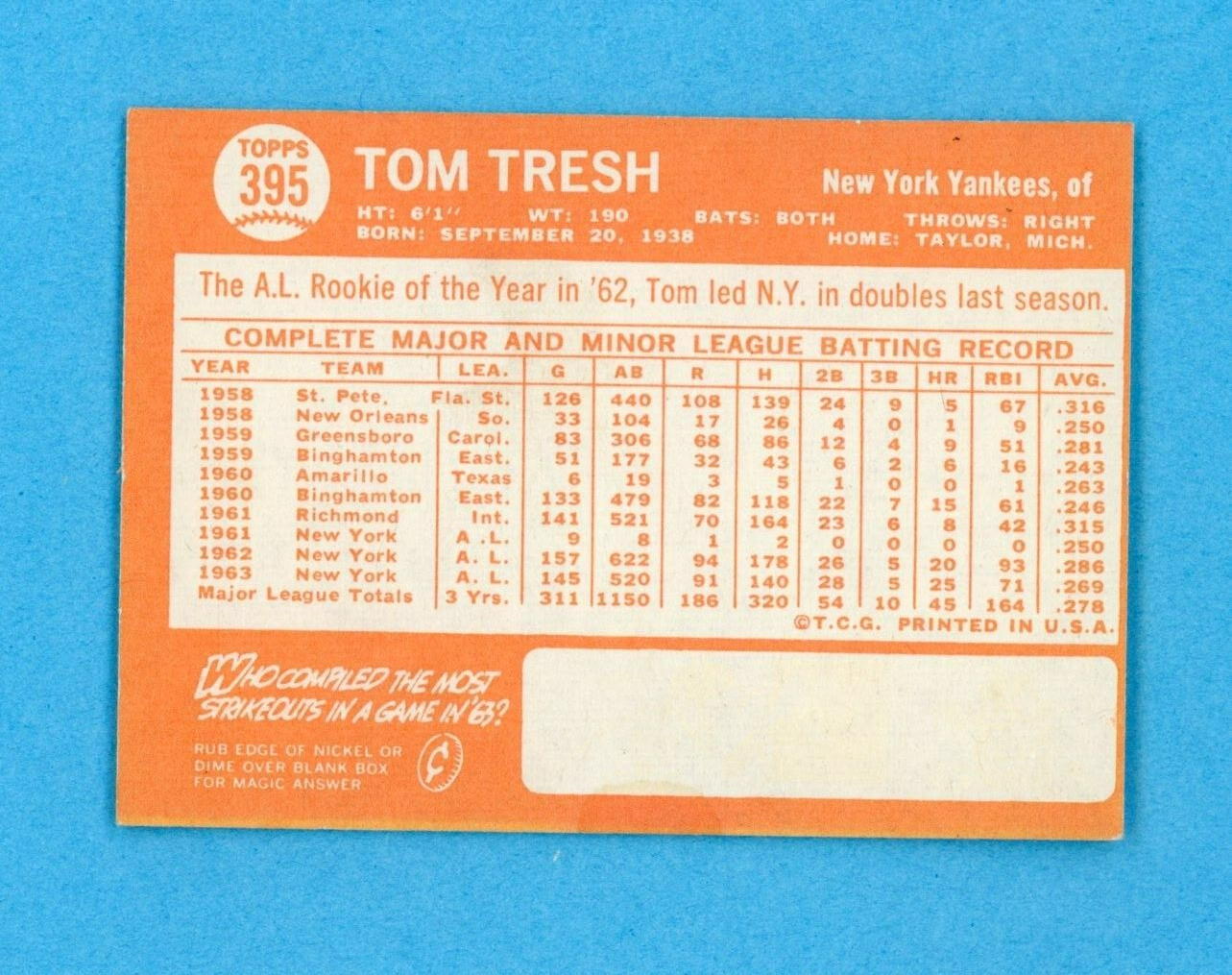 1964 Topps #395 Tom Tresh New York Yankees Baseball Card Ex/Mt-NM app stain