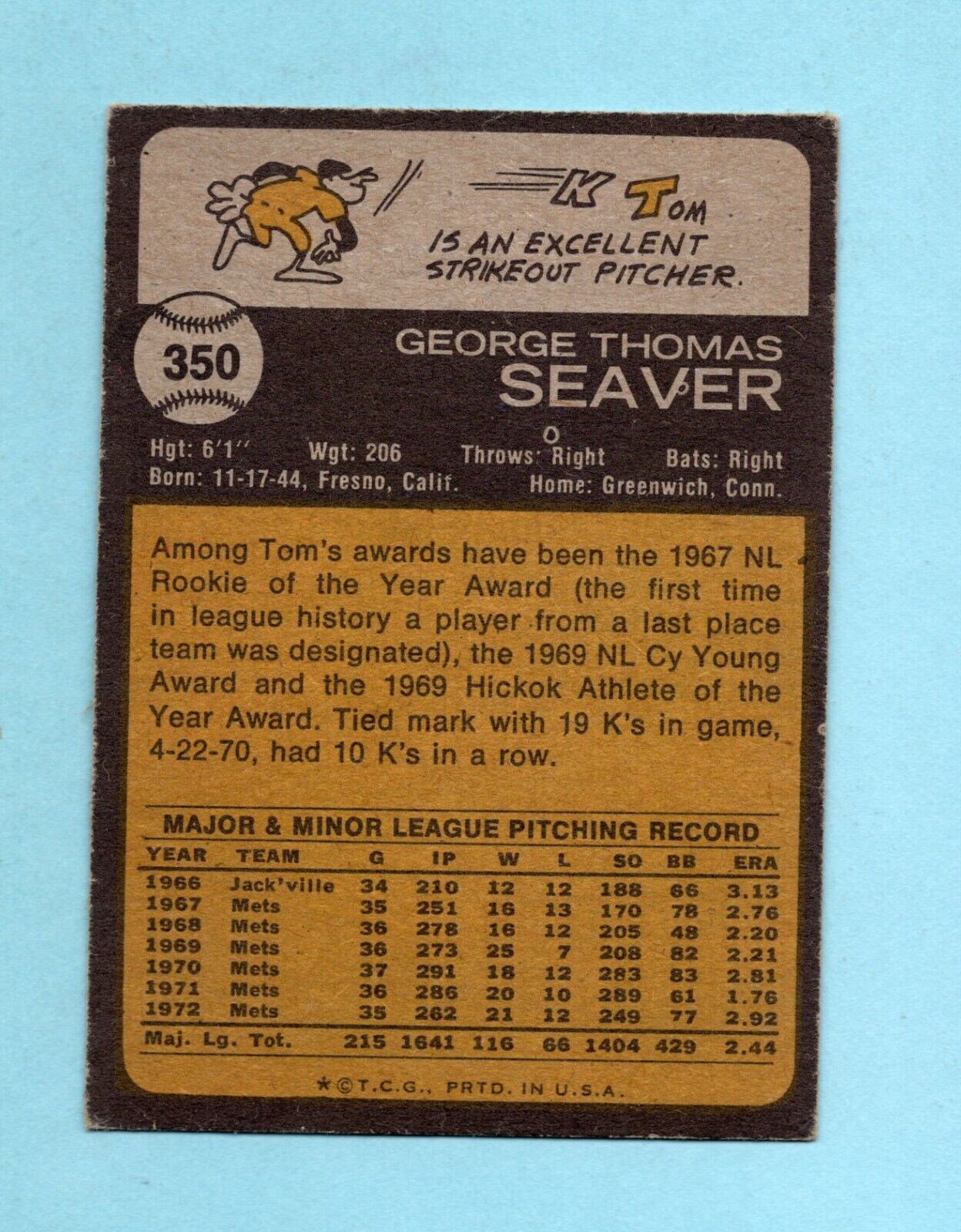 1973 Topps #350 Tom Seaver New York Mets Baseball Card EX app wrk