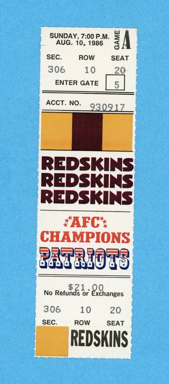 8/10/86 Washington Redskins at New England Patriots Full Ticket