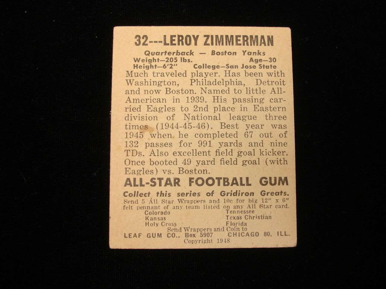 1948 Leaf #32 Leroy Zimmerman Boston Yanks Card - Weak EX, 75/25