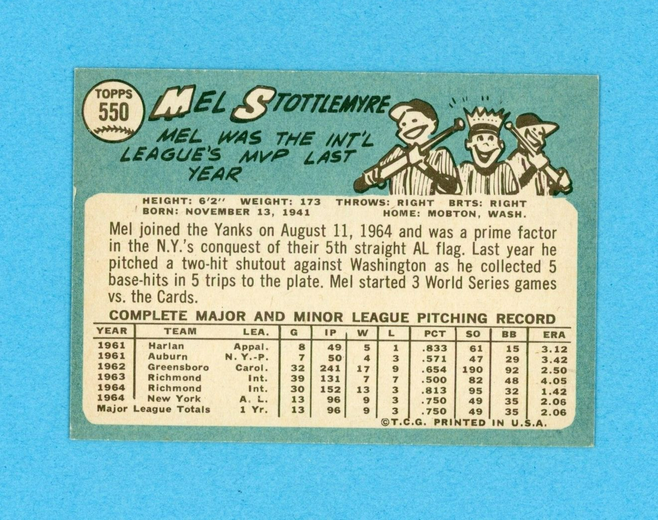 1965 Topps #550 Mel Stottlemyre New York Yankees Rookie Baseball Card Ex/Mt