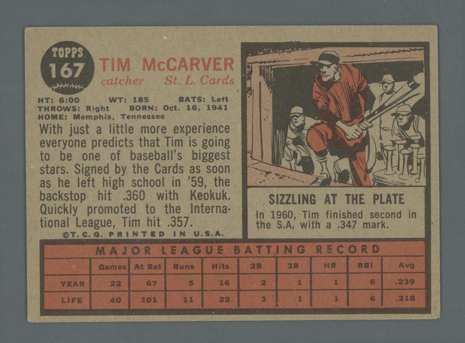 1962 Topps #167 Tim McCarver St. Louis Cardinals Rookie Baseball Card Vg/Ex