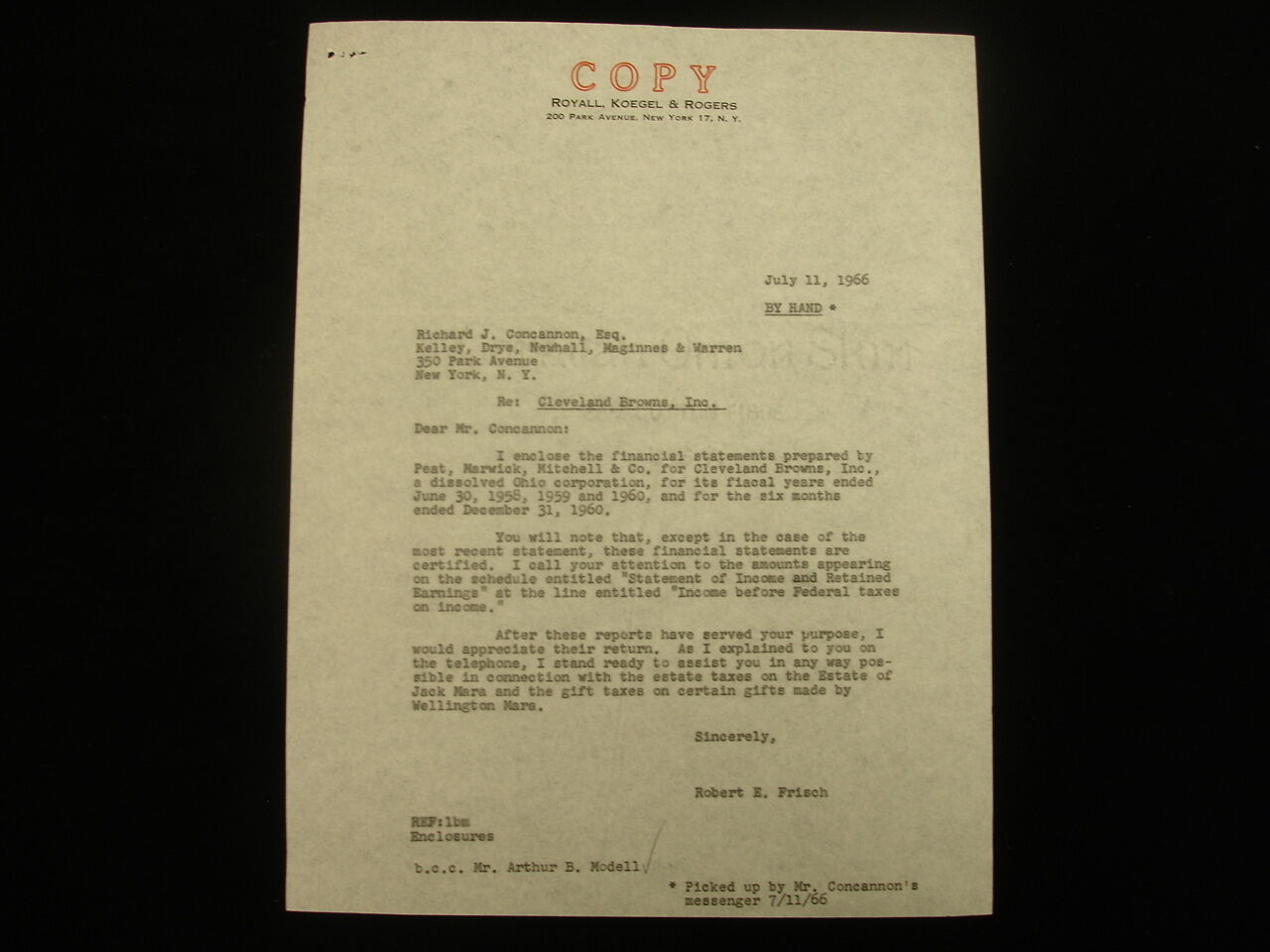 September 9, 1963 Cleveland Browns Letter Carbon Copy Given to Art Modell