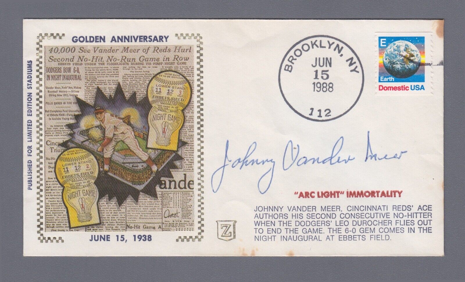 Signed FDC 6/15/88 Cachet Johnny Vander Meer Auto with B&E Hologram * stained 