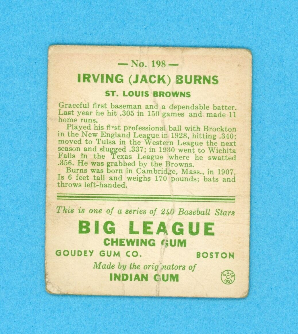 1933 Goudey #198 Jack Burns St. Louis Browns Baseball Card Low Grade