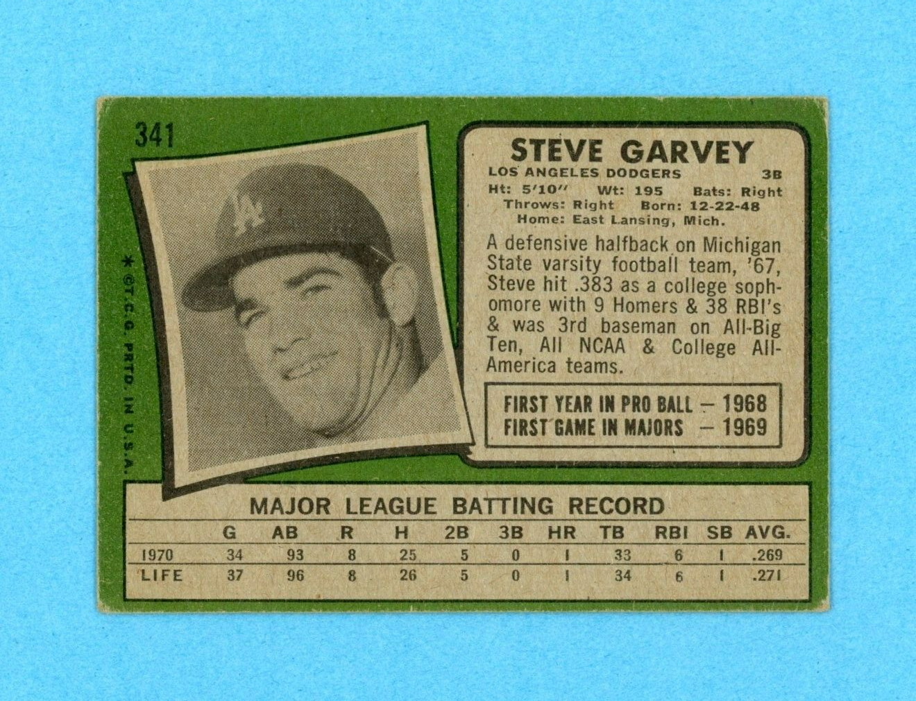 1971 Topps #341 Steve Garvey Los Angeles Dodgers Rookie Baseball Card VG+ - V/E