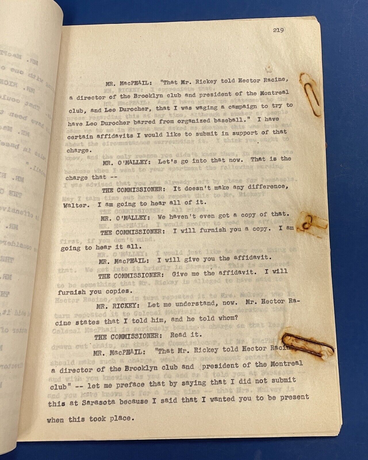 1947 Transcript of MLB Meeting on Gambling O'Malley, Durocher, Rickey, MacPhail