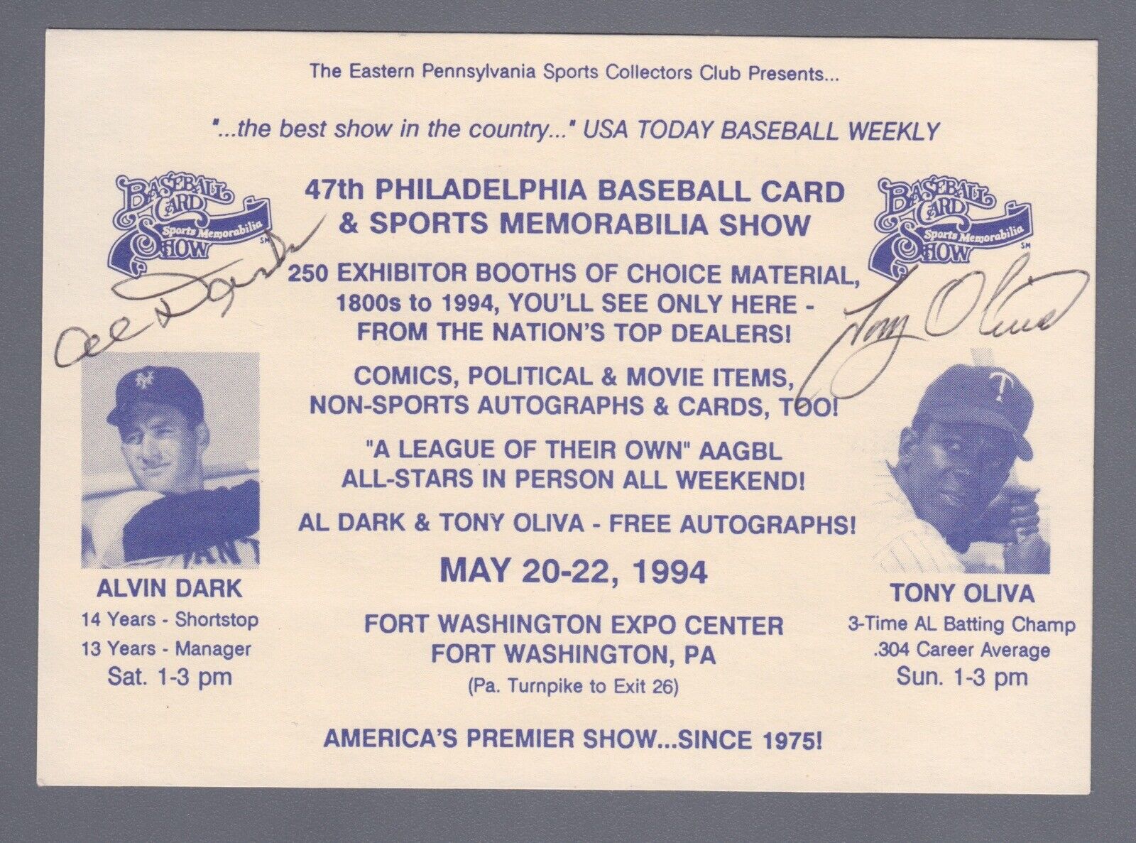 Al Dark and Tony Oliva Signed Card Show Postcard Autos with B&E Hologram