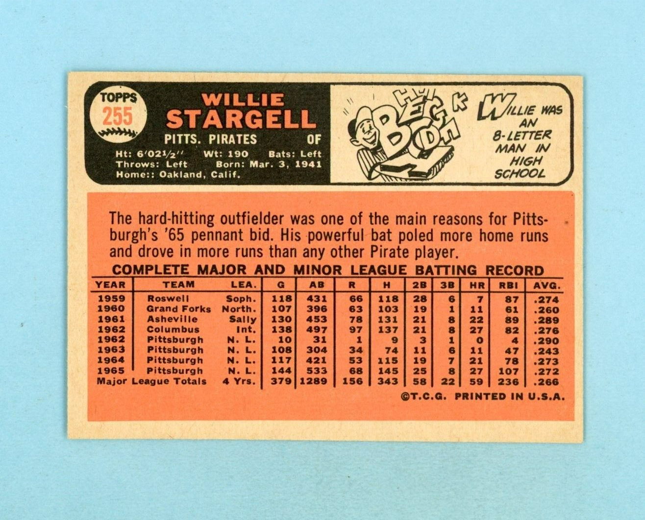 1966 Topps #255 Willie Stargell Pittsburgh Pirates Baseball Card NM o/c