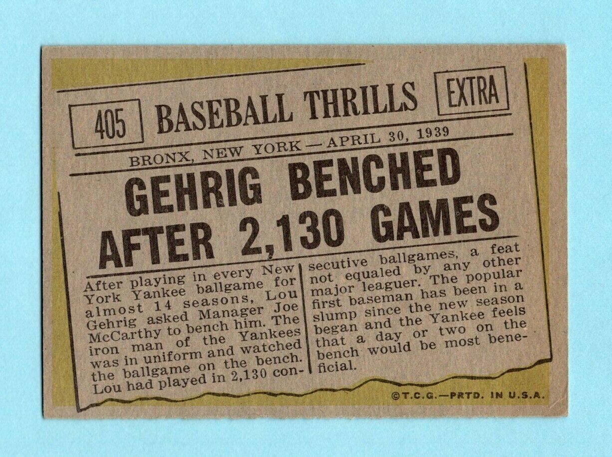 1961 Topps #405 Lou Gehrig Baseball Thrills NY Yankees Baseball Card EX+ wrk br 