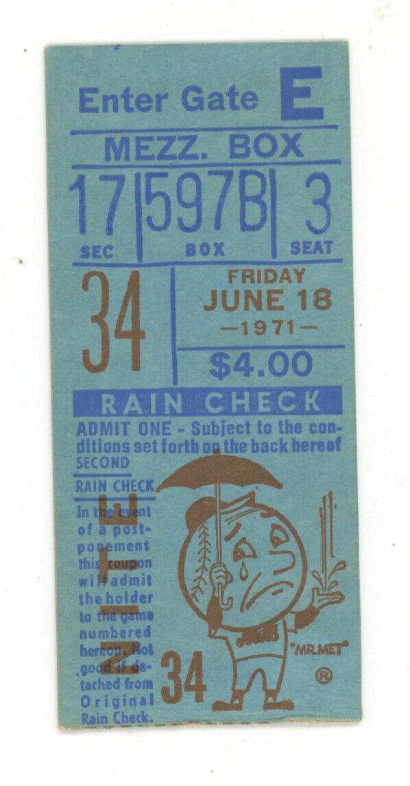 June 18, 1971 New York Mets Ticket Stub vs Philadelphia Phillies