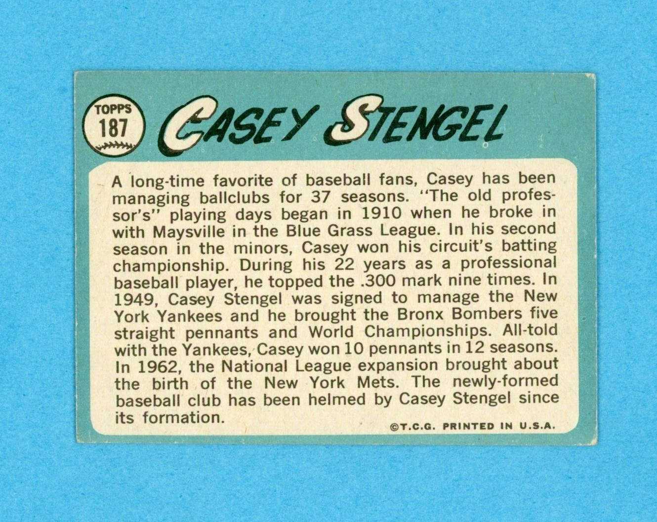 1965 Topps #187 Casey Stengel New York Mets Baseball Card EX-EX+