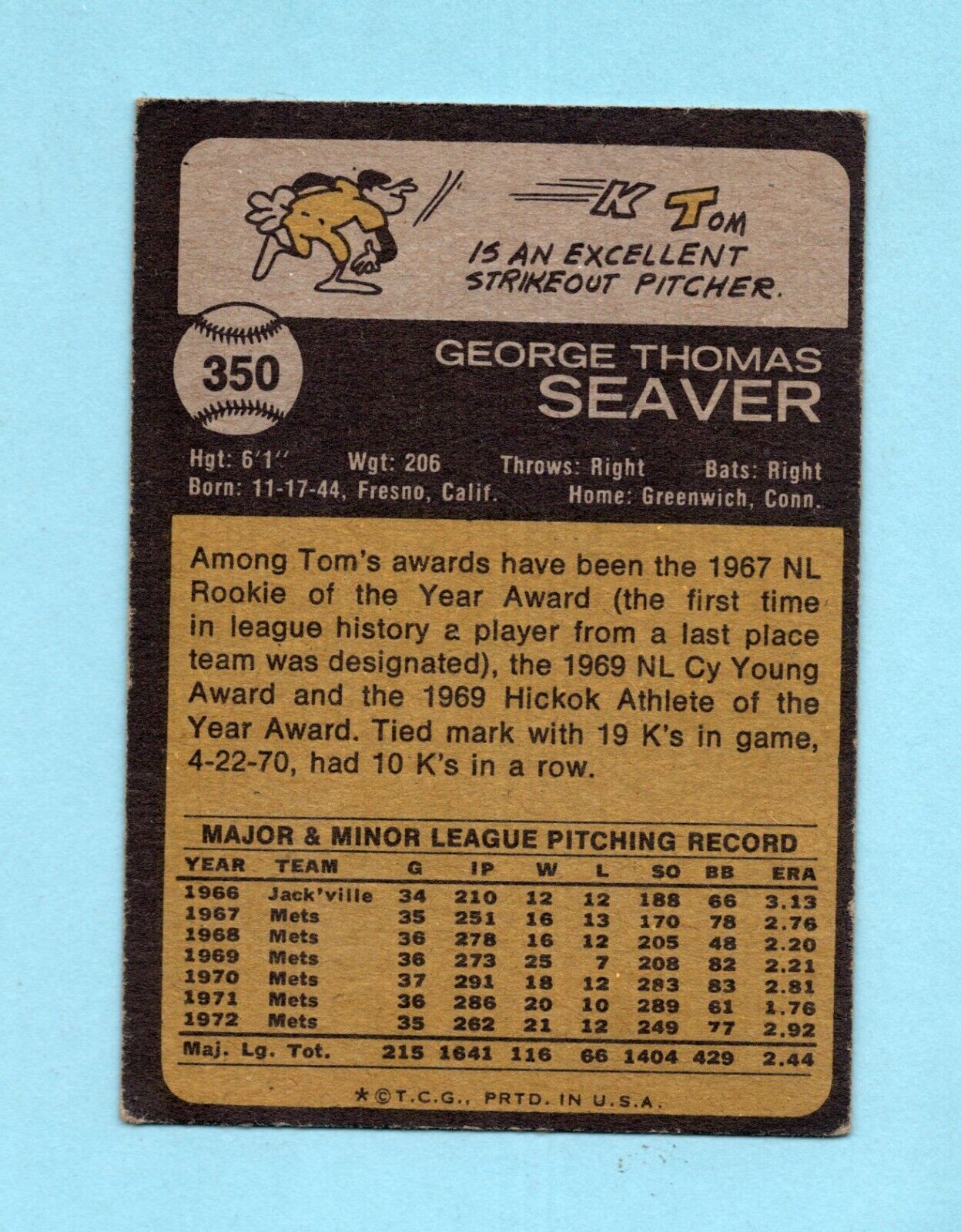 1973 Topps #350 Tom Seaver New York Mets Baseball Card EX