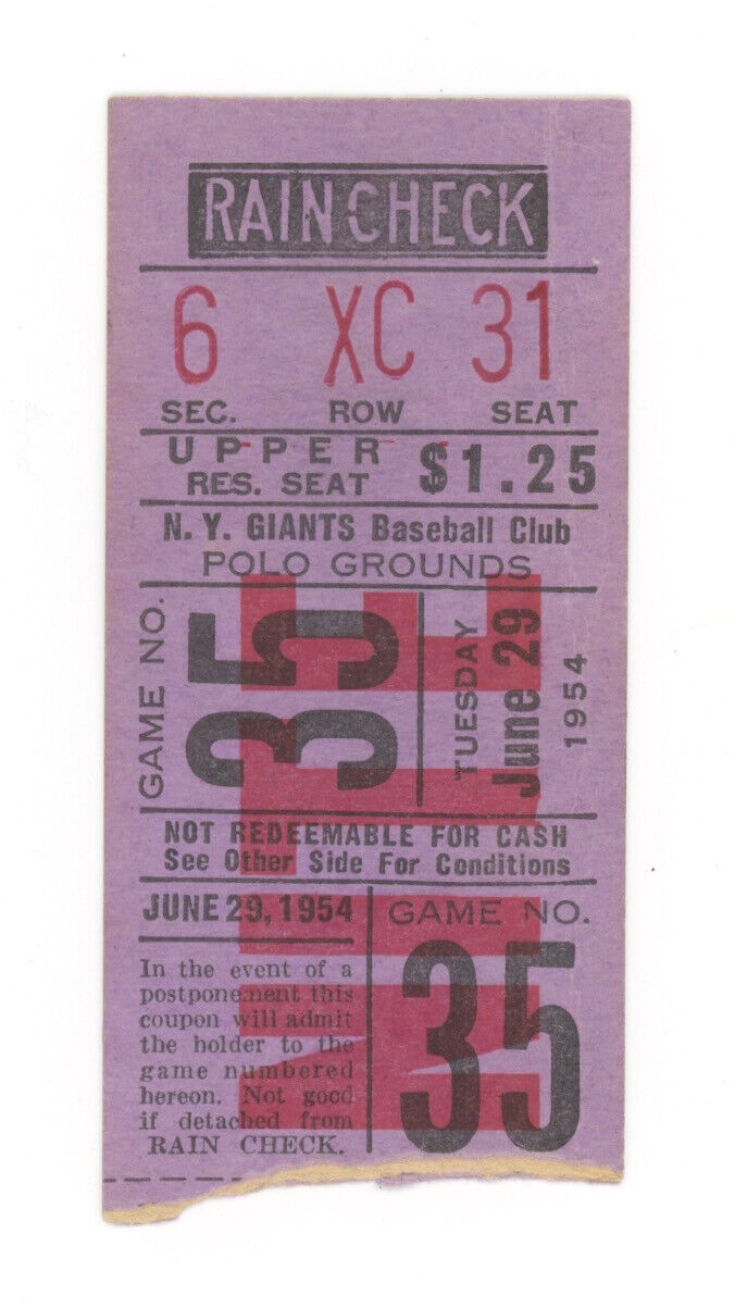 6/29/54 Brooklyn Dodgers vs NY Giants at The Polo Grounds Campy HR • Ticket Stub