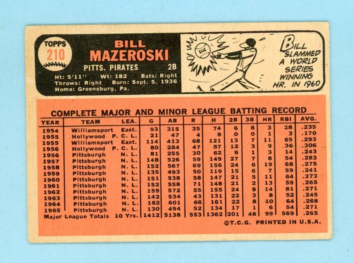 1966 Topps #210 Bill Mazeroski Pittsburgh Pirates Baseball Card Low Grade