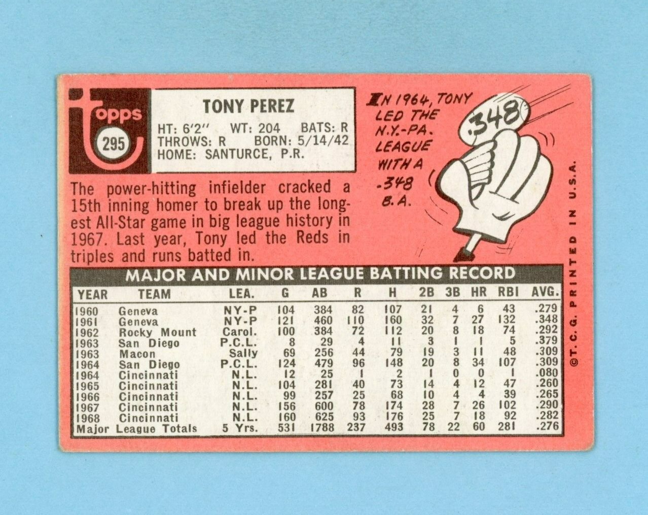 1969 Topps #295 Tony Perez Cincinnati Reds Baseball Card VG - VG+