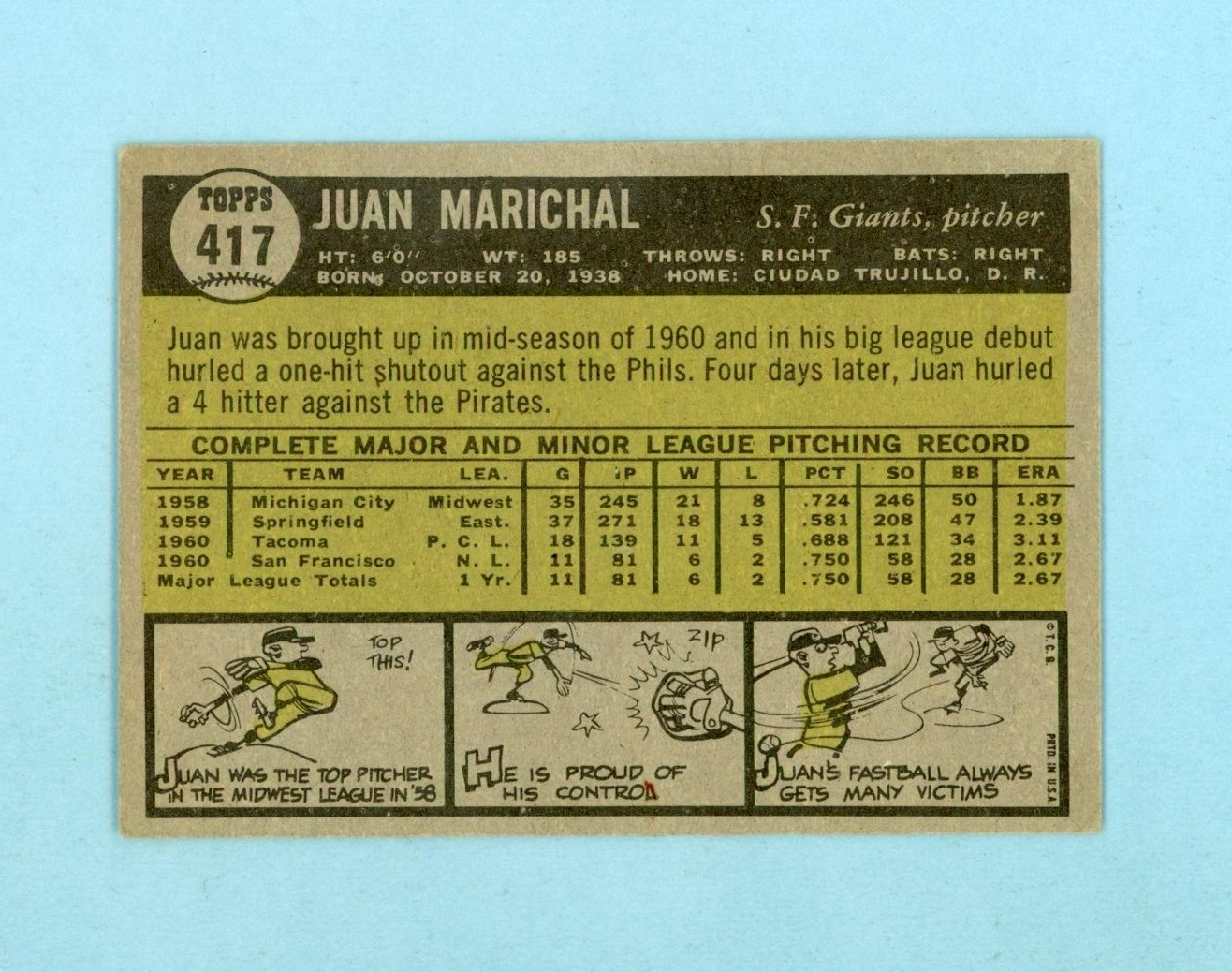 1961 Topps #417 Juan Marichal San Francisco Giants Rookie Baseball Card EX