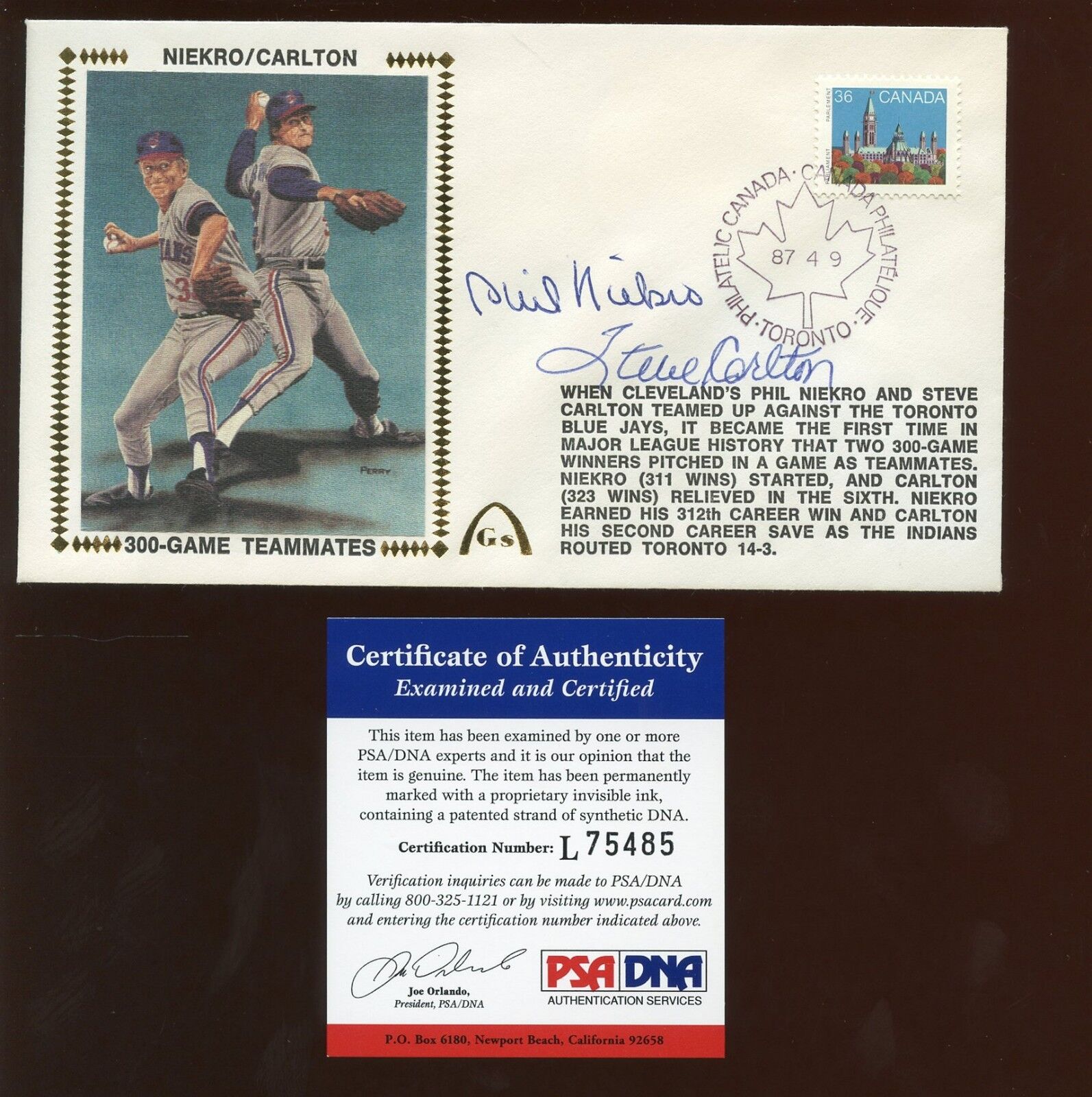 April 9 1987 Gateway Envelope / Cachet SIGNED HOFers Niekro & Carlton PSA DNA