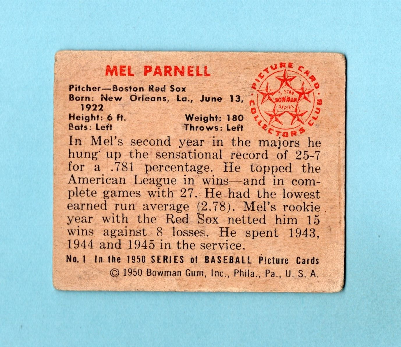 1950 Bowman #1 Mel Parnell Boston Red Sox Rookie Baseball Card Low Grade