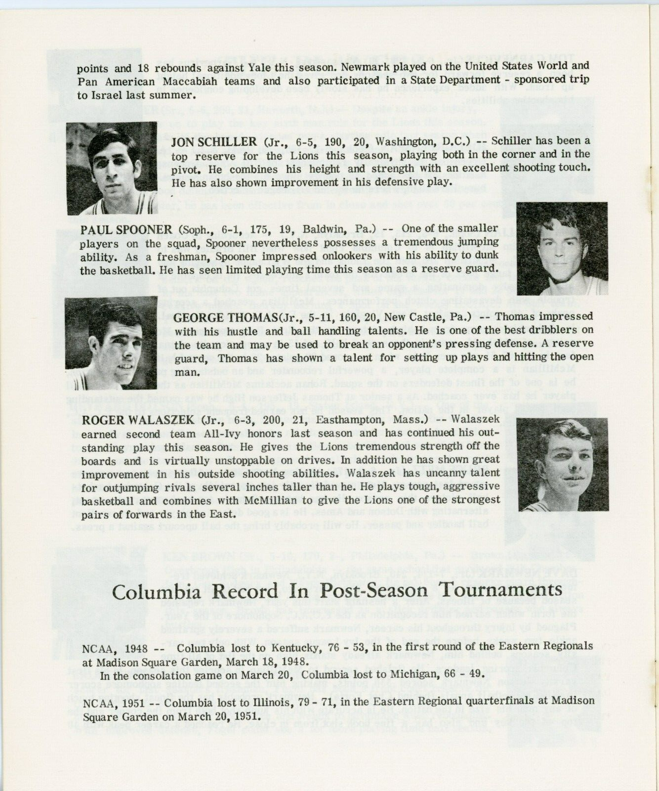 1967-68 Columbia University Basketball Post Season Tournament Guide