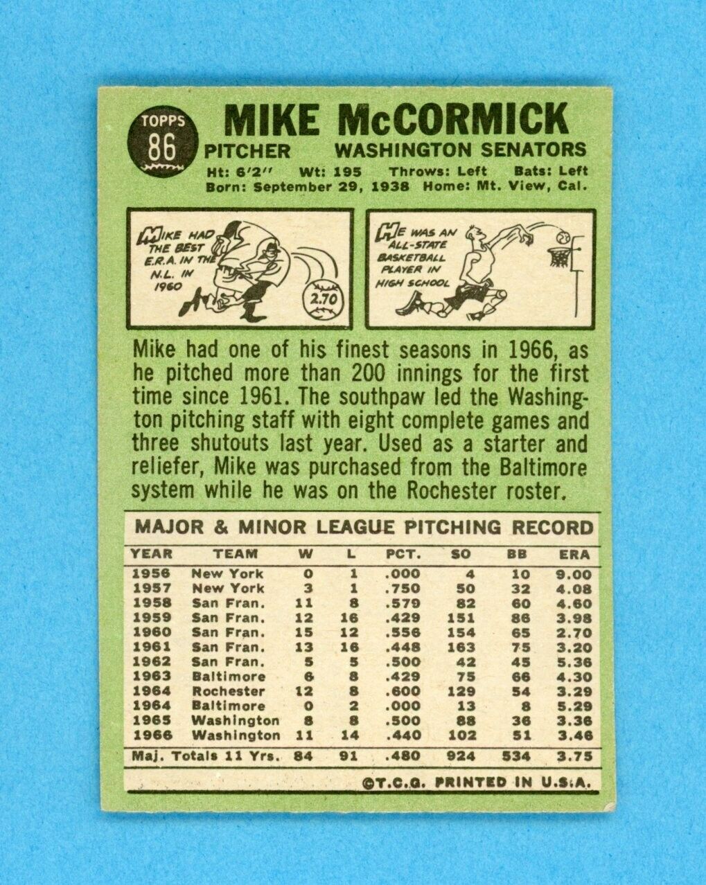 1967 Topps #86 Mike McCormick Wash Senators Baseball Card EX o/c no trade vari