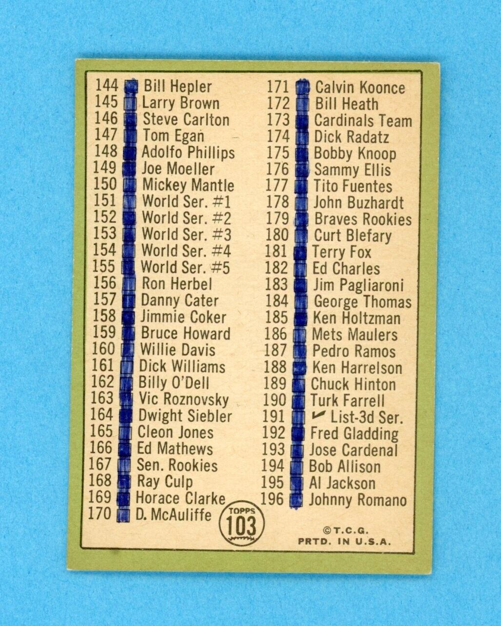 1967 Topps #103 2nd Series Check List Mickey Mantle Baseball Card Ex/Mt