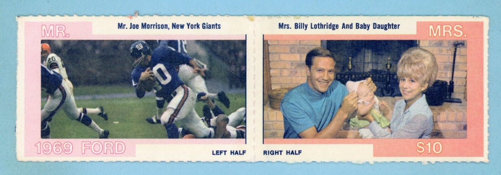 1968 American Oil Mr. & Mrs. Football Card Joe Morrison & Mrs. Billy Lothridge