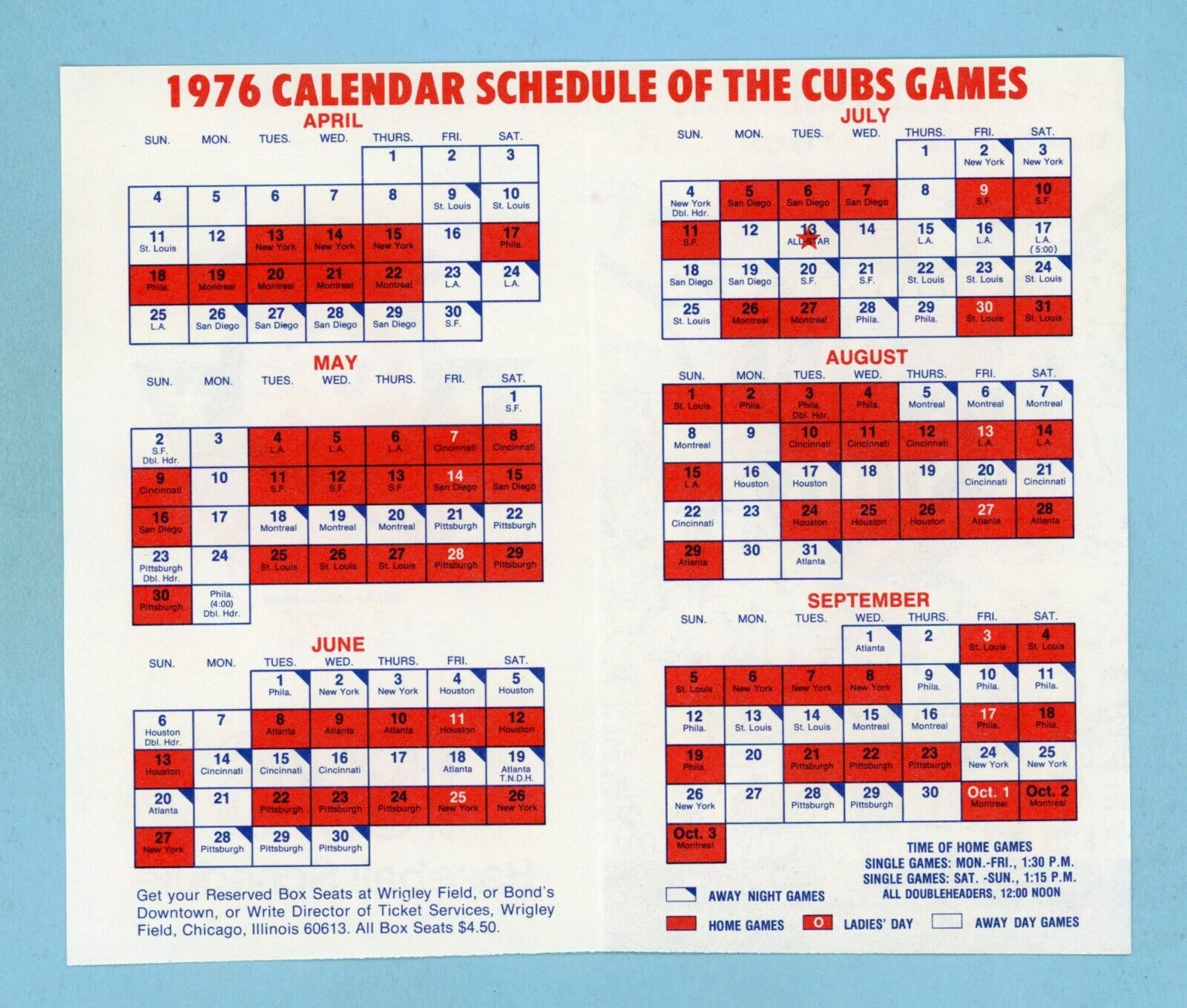 1976 Chicago Cubs Pocket Schedule