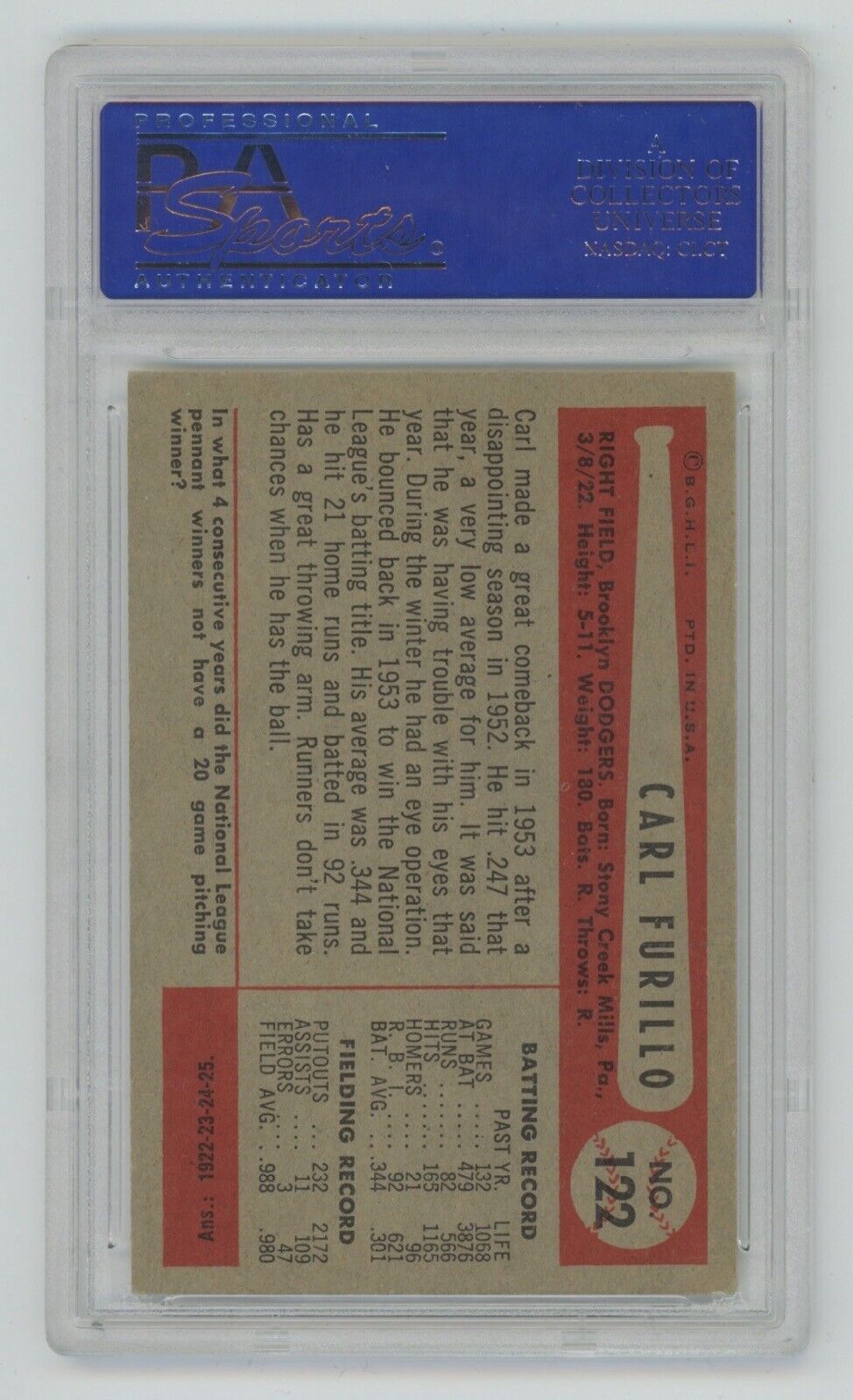 Carl Furillo 1954 Bowman #122 • PSA 6 EX-MT