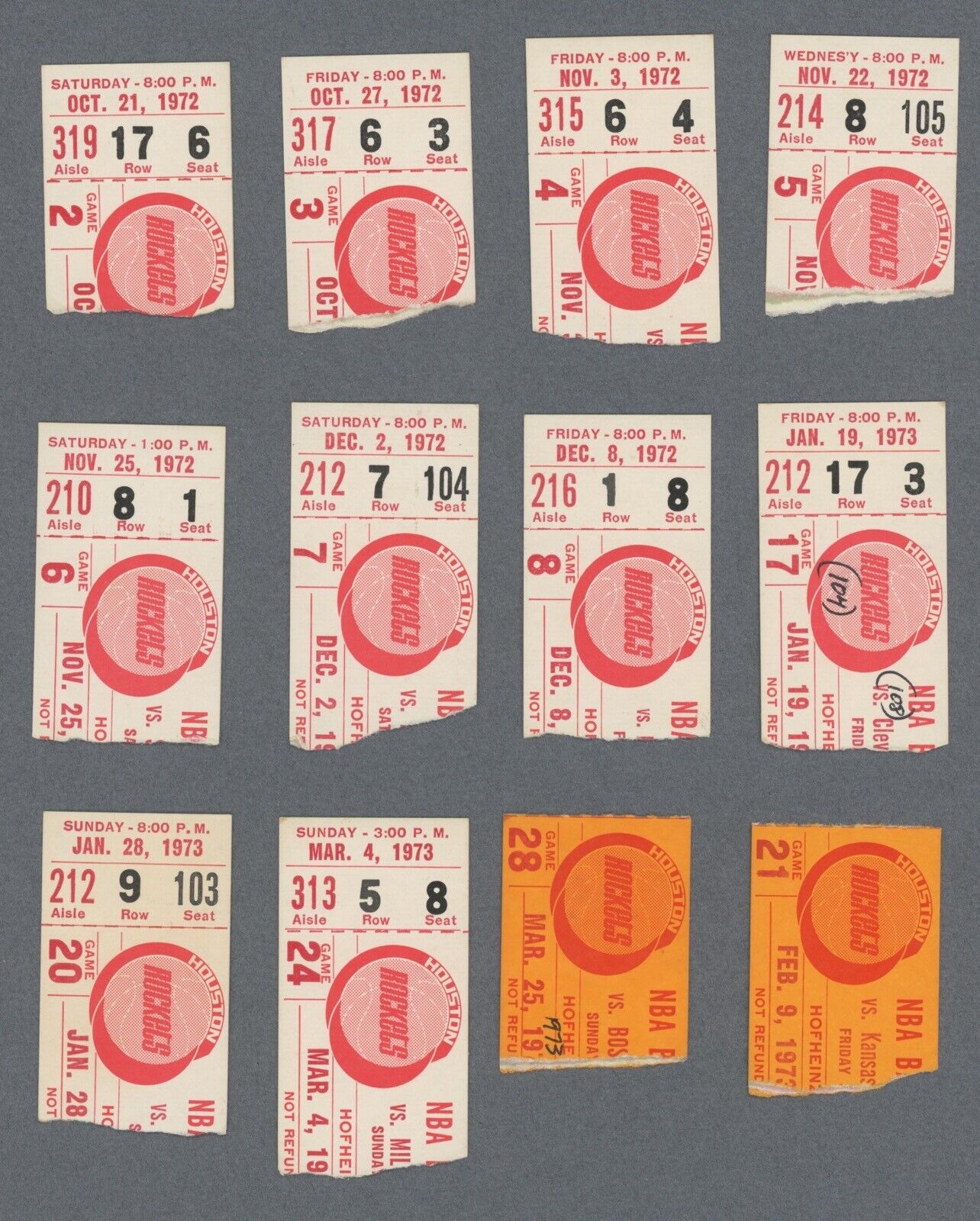 Lot of 12 Different Houston Rockets Ticket Stubs 1972-73