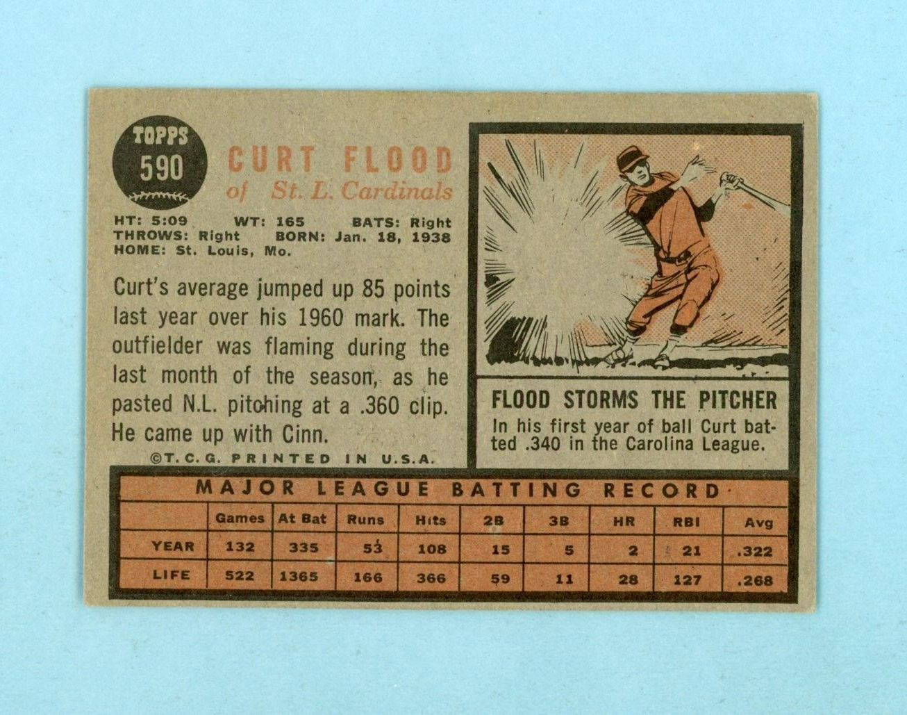 1962 Topps #590 Curt Flood St. Louis Cardinals Baseball Card EX