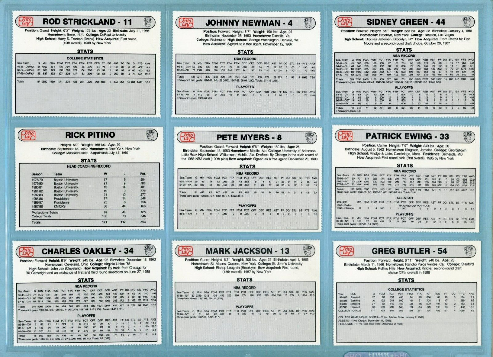 1988-89 Frito Lay New York Knicks Set of 15 Basketball Cards Mixed Grades