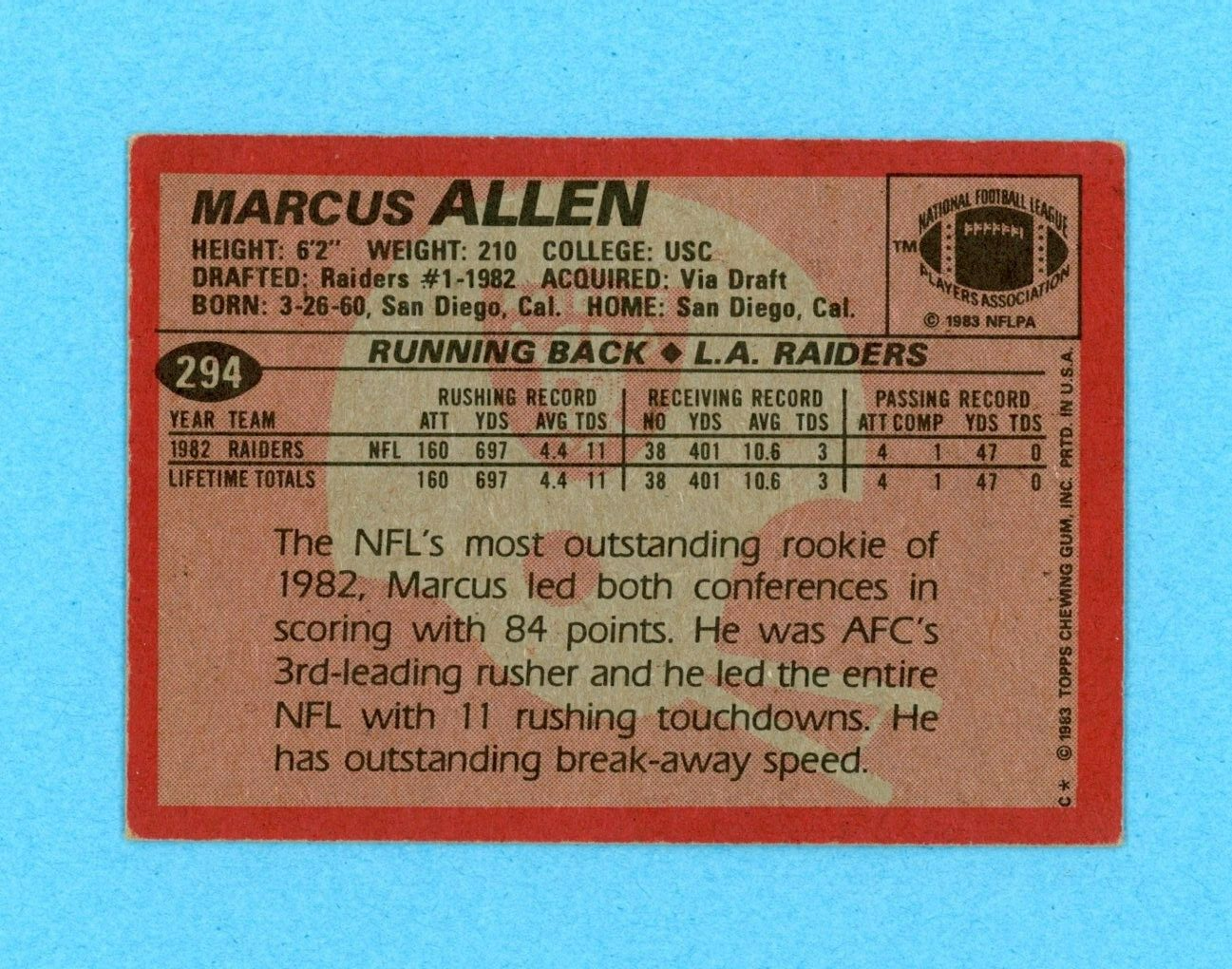 1983 Topps #294 Marcus Allen Los Angeles Raiders Rookie Football Card EX