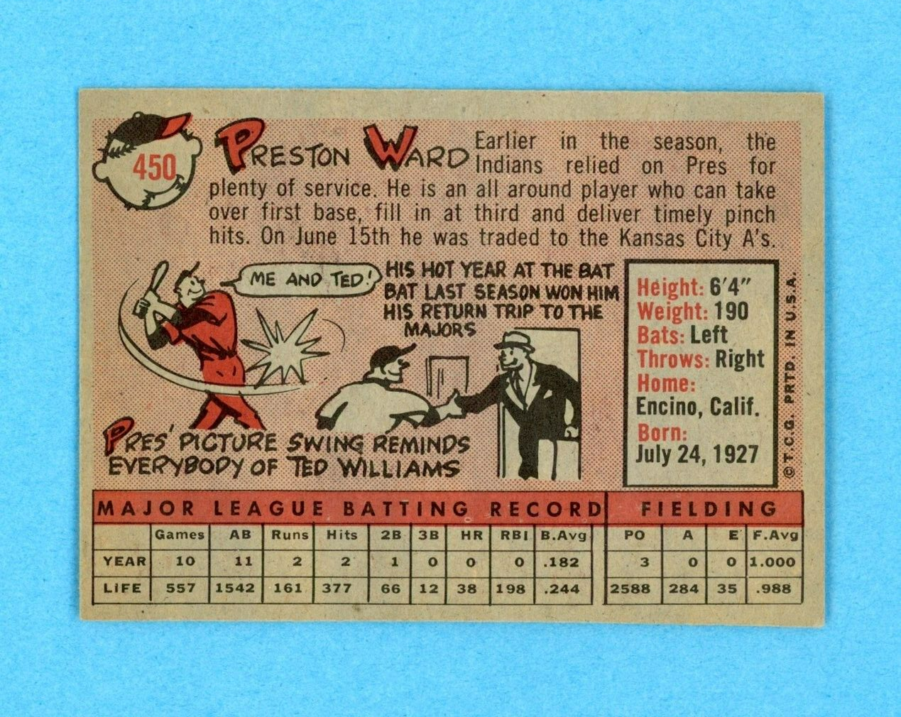 1958 Topps #450 Preston Ward Kansas City A's Baseball Card Ex/Mt o/c dia shp ind