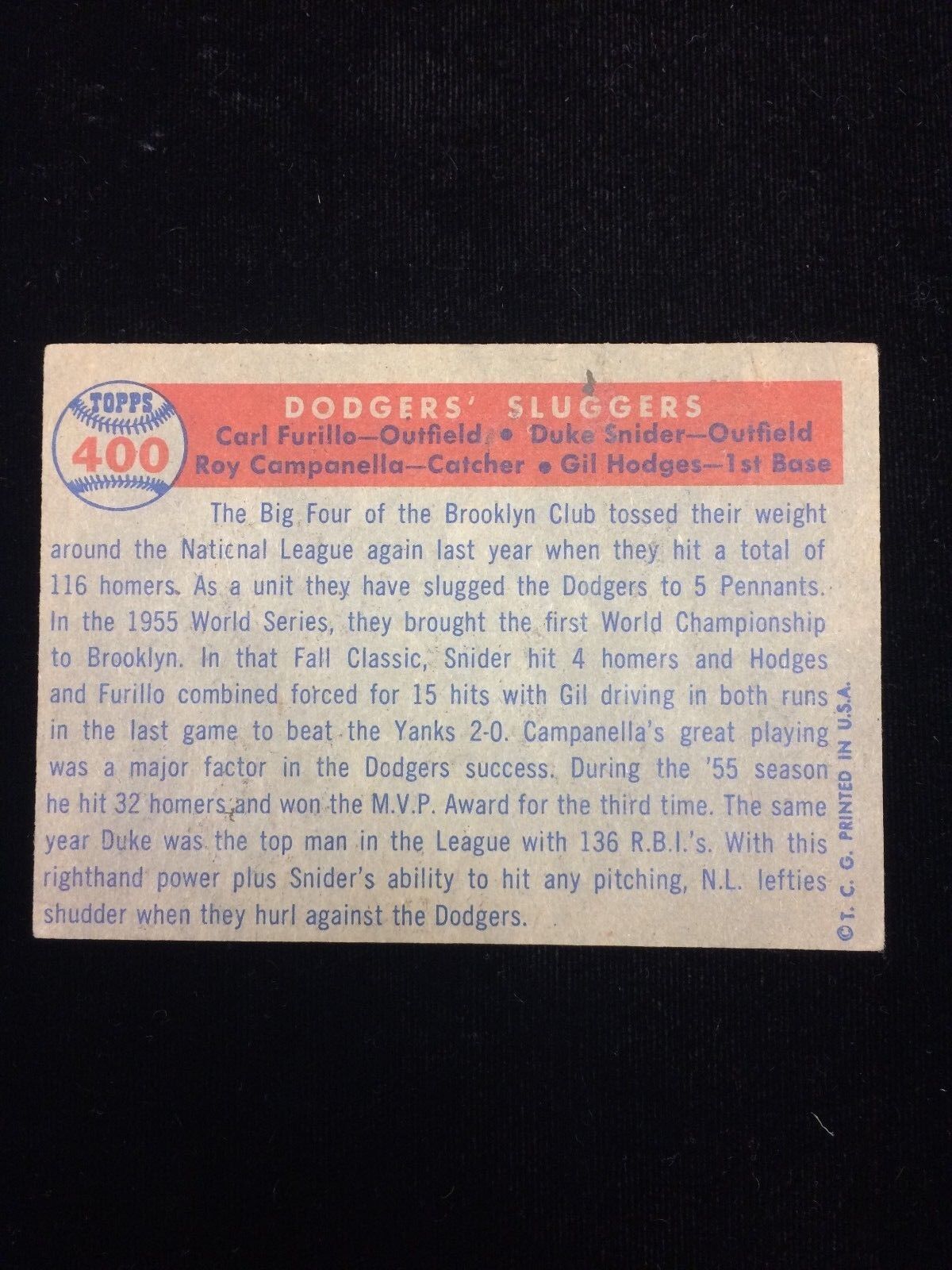 1957 Topps #400 Dodgers' Sluggers Card - Furillo Hodges Campanella Snider- EX