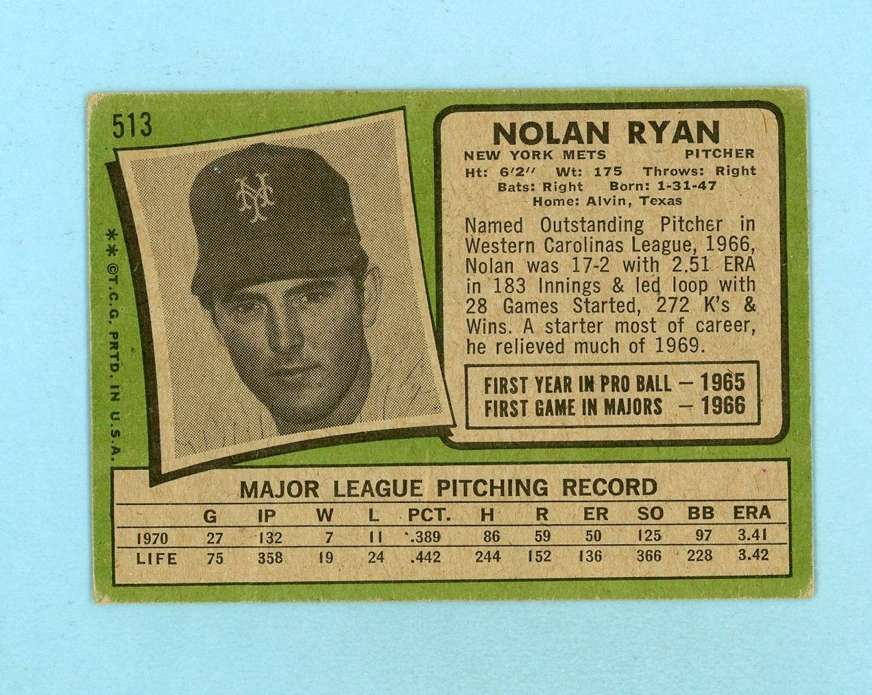 1971 Topps #513 Nolan Ryan New York Mets Baseball Card Low Grade