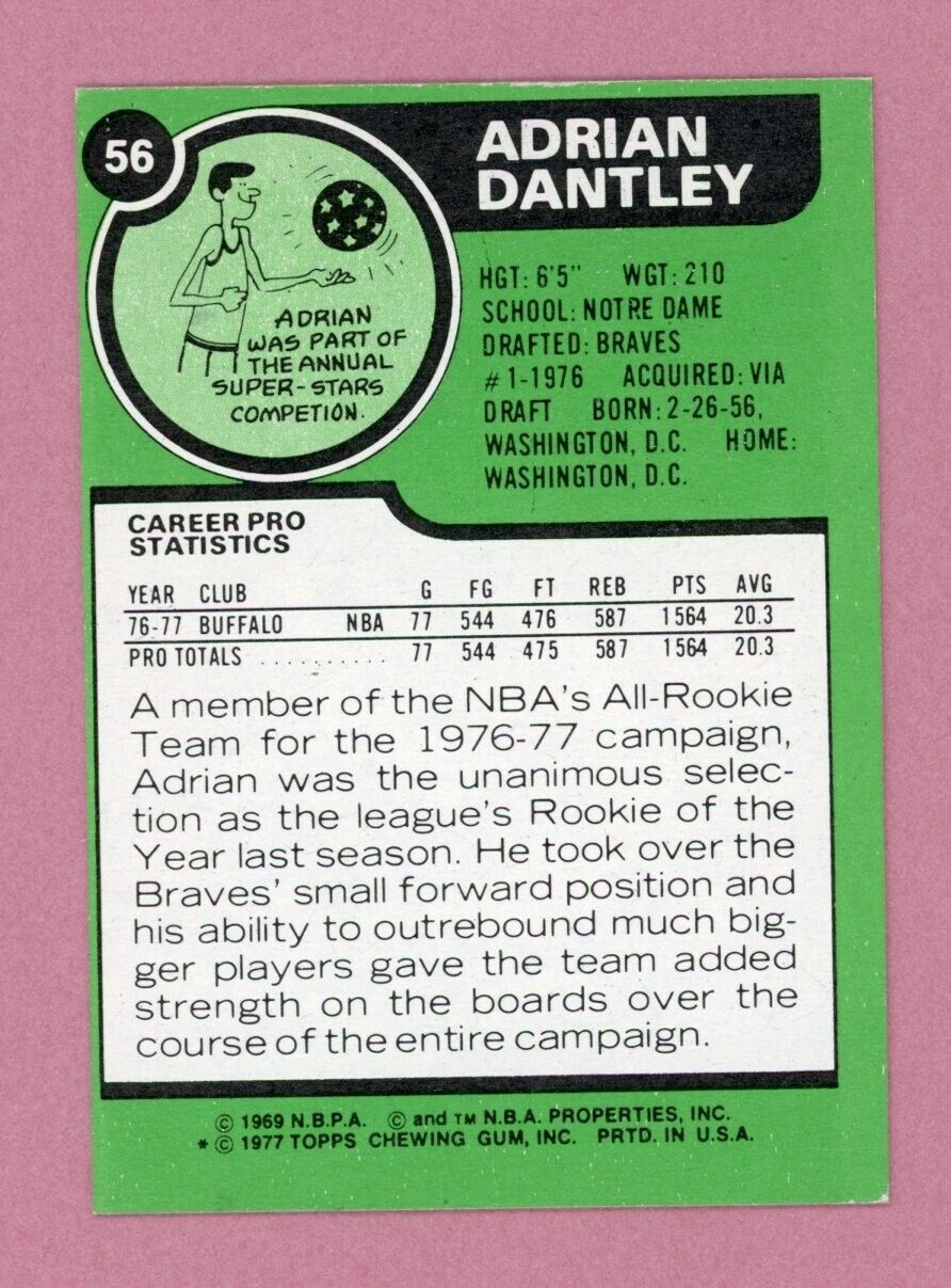 1977-78 Topps #56 Adrian Dantley Buffalo Braves Rookie Basketball Card NM lpi