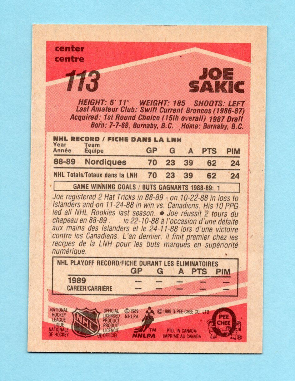 1989-90 O-Pee-Chee #113 Joe Sakic Quebec Nordiques Rookie Hockey Card NM  