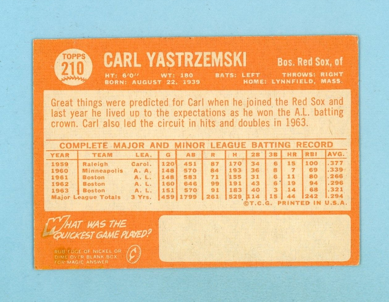 1964 Topps #210 Carl Yastrzemski Boston Red Sox Baseball Card Ex-Ex+ ap wrk sta