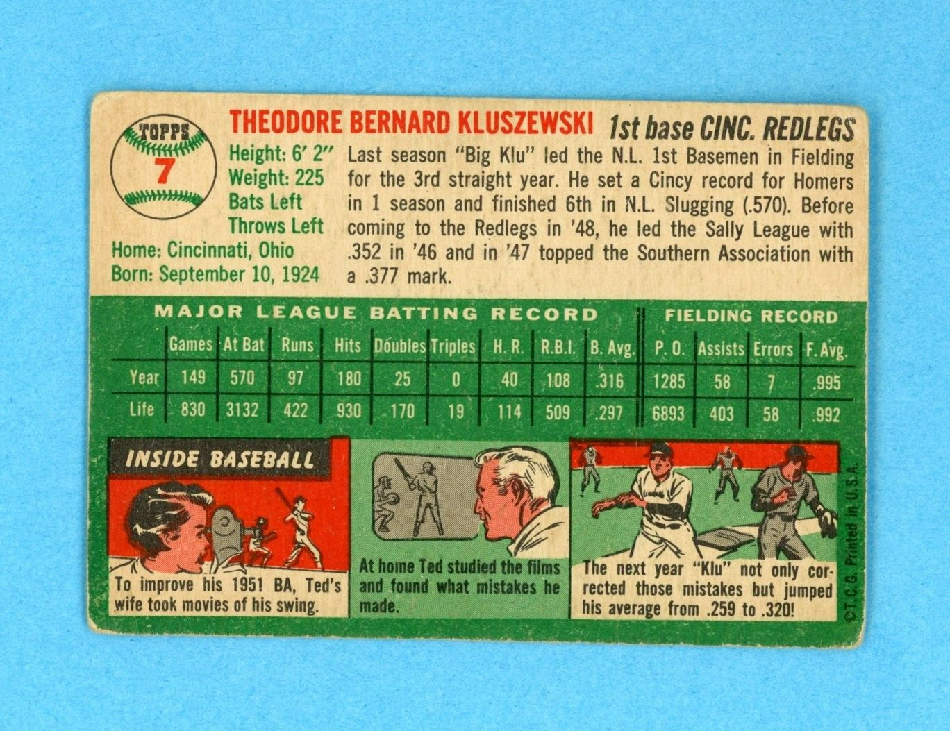 1954 Topps #7 Ted Kluszewski Cincinnati Redlegs Baseball Card VG