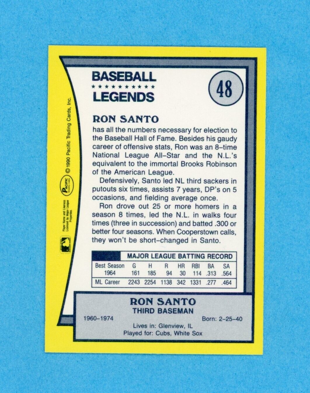 Ron Santo Chicago Cubs 1990 Pacific Legends #48 Autographed Baseball Card