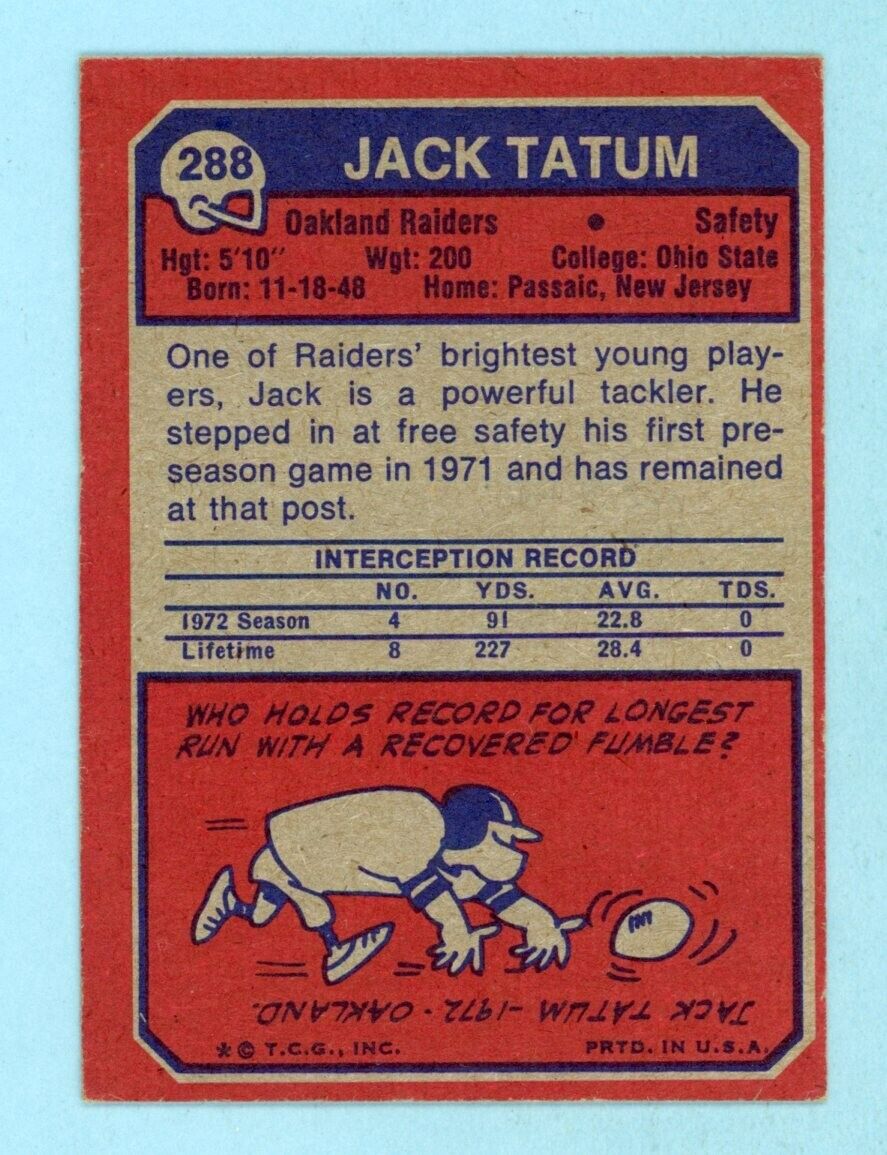 1973 Topps #288 Jack Tatum Oakland Raiders Rookie Football Card Ex/Mt - NM